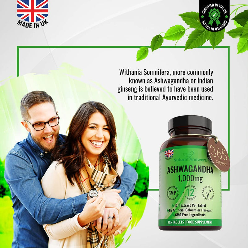 Natural Answers 365 x Ashwagandha 1000mg Per Tablet | 1 Year Supply of High Strength Vegan Tablets (Not Capsules or Pills) of Pure Powder UK Made Anxiety Relief