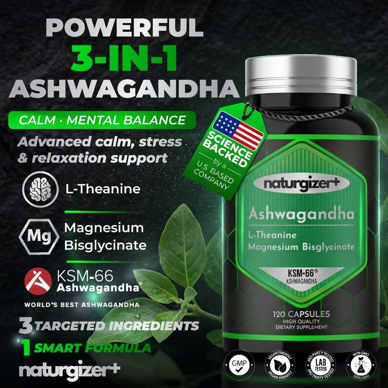 Ashwagandha KSM-66 Complex with L-Theanine & Magnesium | 120 Capsules | 3-in-1 KSM-66 Ashwagandha Complex with L-Theanine & Magnesium | 120 Capsules | 60-Day Supply