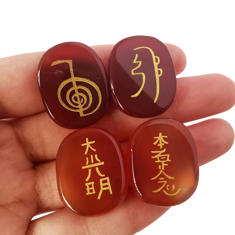 [Australia] - Lovionus89 Pack of 4 Red Agate Engraved Chakra Stones Healing Crystal Reiki Balancing Palm Stone, 25mm 25mm 