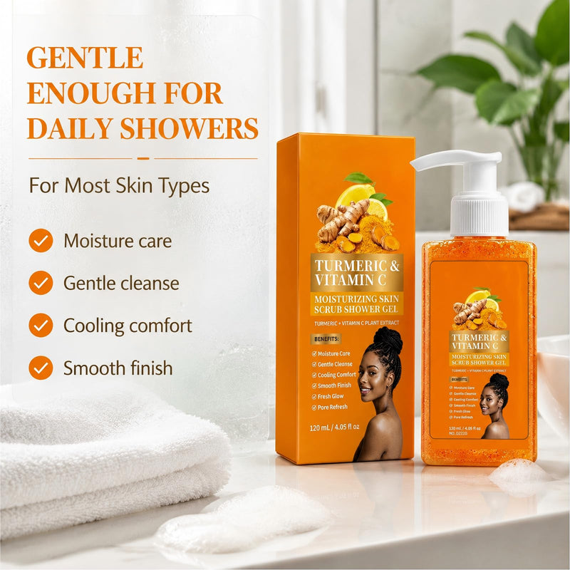 2pc Turmeric Vitamin C Orange Exfoliating Shower Gel with Cocoa Seed Scrub Particles, Mattifying Skin Brightening Body Wash to Fix Uneven Skin Texture, Gentle Daily Body Only Cleanser 2PC
