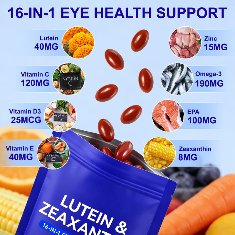 Lutein and Zeaxanthin Supplement, 16 in 1 Eye Vitamins 300 Softgels with 40mg Lutein & 8mg Zeaxanthin, Enriched with Vitamins B6 B12 C D3, Zinc & Omega-3s for Eye Health Support Non-GMO Gluten-Free