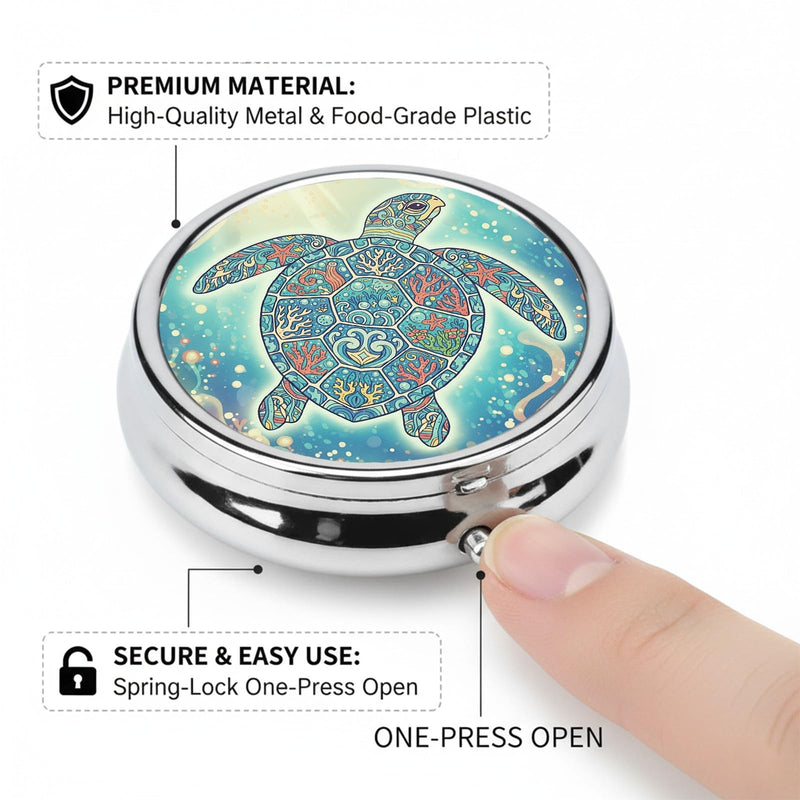 Round Pill Case Small Pill Box with Mirror Pocket 3 Compartment Vitamin Pill Medicine Case Organizer Pill Containers for Traveling Mandala Sea Turtle One Turtle Mandala One