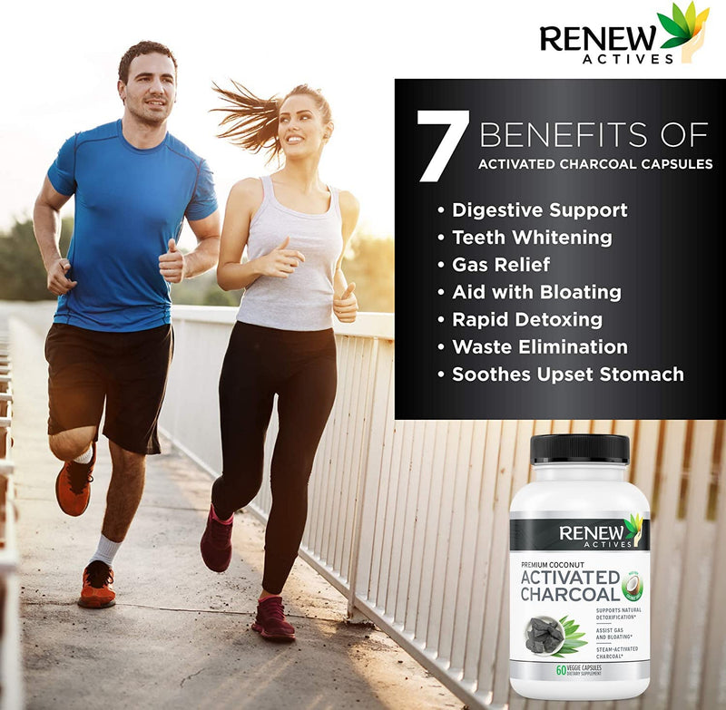Renew Actives Activated Charcoal Supplement 1100MG per 2 Capsules - Digestive Support & Teeth Whitening Formula, No Artificial Ingredients - Made in Canada - 60 Capsules