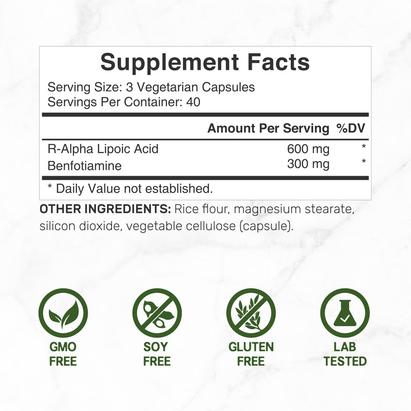 [Australia] - DEAL SUPPLEMENT R Alpha Lipoic Acid 600mg with Benfotiamine 300mg Per Serving, 120 Veggie Capsules ‚Äì 200mg R-ALA Per Capsule ‚Äì Antioxidant Supplement for Energy & Nervous System Support 