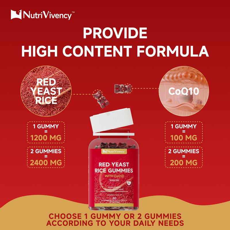 [Australia] - Red Yeast Rice with Coq10 Gummies, Red Yeast Rice 2400mg with Coq10 200mg Supplements for Cholesterol Support and Heart Health Support, Sugar free, Vegan, Non-GMO, Strawberry Flavor, 60 Counts 