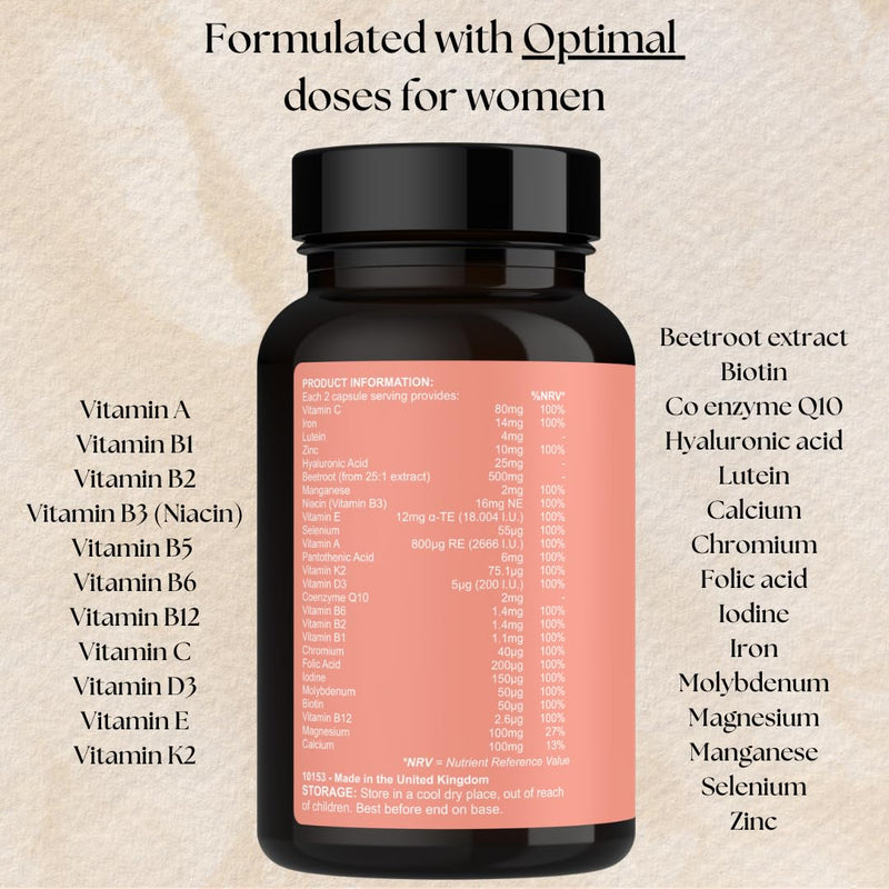 Women’s Multivitamins & Minerals with Hyaluronic Acid & Biotin | 26 Essential Vitamins, Minerals & Botanicals | Optimal doses | Vegan & Gluten Free | No Synthetic fillers | 60 Caps | Her Essentials 60 count (Pack of 1)