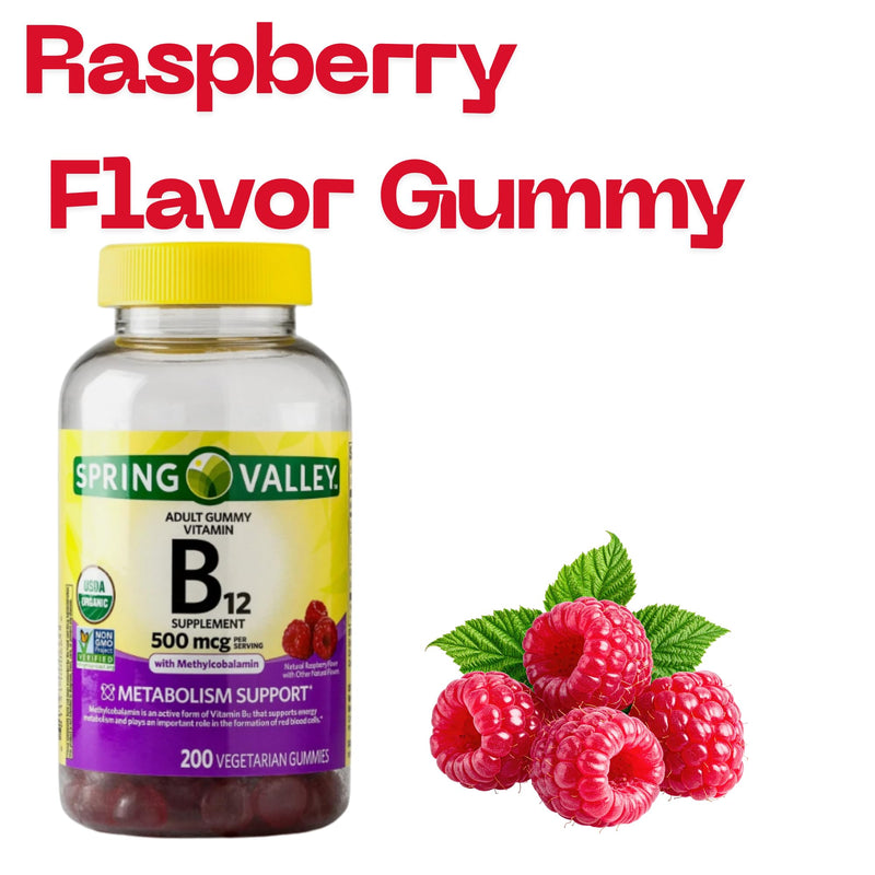 B12 500 mcg Spring Vallley Raspberry Flavor Gummy Vitamin B12 Gummies 200 ct (Pack of 1) + me Gusta Sticker