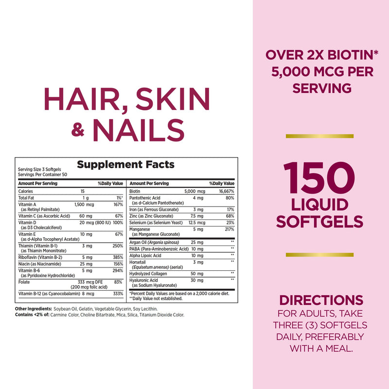 Nature's Bounty Advanced Hair, Skin & Nails, Argan-Infused Vitamin Supplement with Biotin and Hyaluronic Acid, 150 Rapid Release Softgels (Pack of 2) Unflavored 150 Count (Pack of 2)