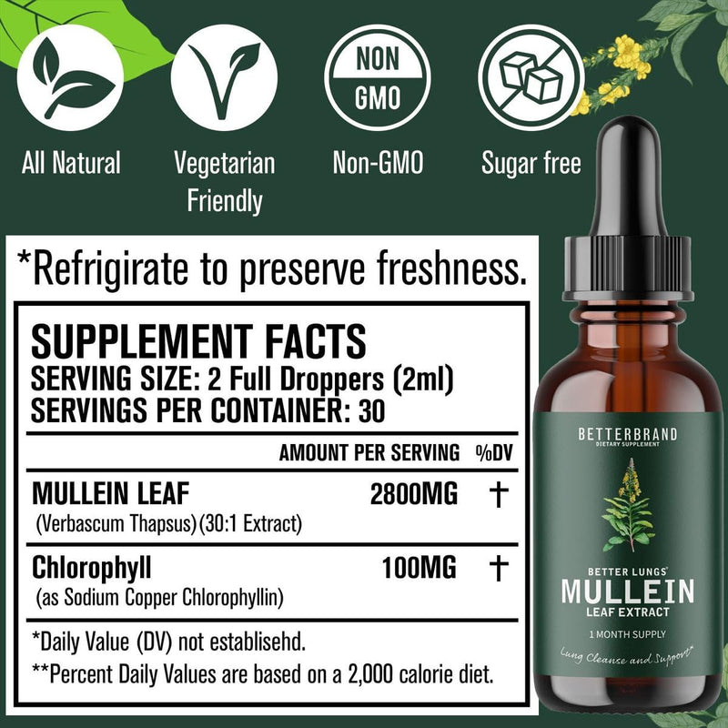 [Australia] - Betterbrand BetterLungs Mullein Leaf Extract - Support Lung Cleanse & Respiratory Function for Healthy Breathing - Natural Supplement, Tincture Drops | Non-GMO, Vegetarian | 1 Month Supply 