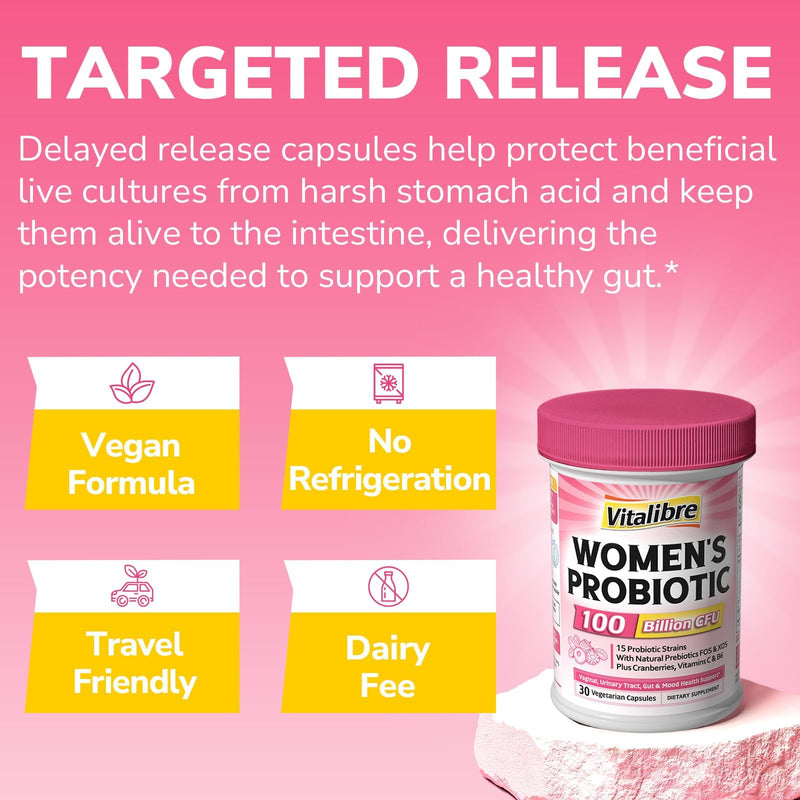Vitalibre Probiotics for Women 100 Billion CFU 15 Strains, Daily Probiotic | 30 Vegan Capsules, Prebiotic Supplement with Organic Cranberry to Support Vaginal, Digestive, Immune Health, Shelf Stable 30 Count (Pack of 1)