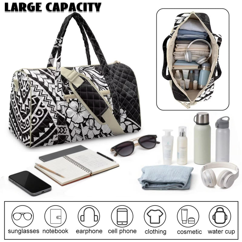 Quilted Travel Duffel Bag Lightweight Weekender Overnight Bag with Zipper Pockets Polynesian Hibiscus Flower Black Print Carry On Luggage Bags for Women Men Gym Bags