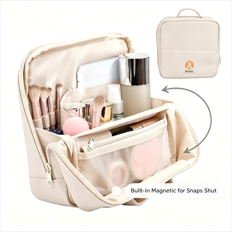 Standing Makeup Bag, Fold Down Trave Cosmetic Bag,Large Capacity Toiletry Bags for Women,Portable Free-Standing Makeup Bag and Brush Storage Bag for Easy Access (Creamy) Creamy