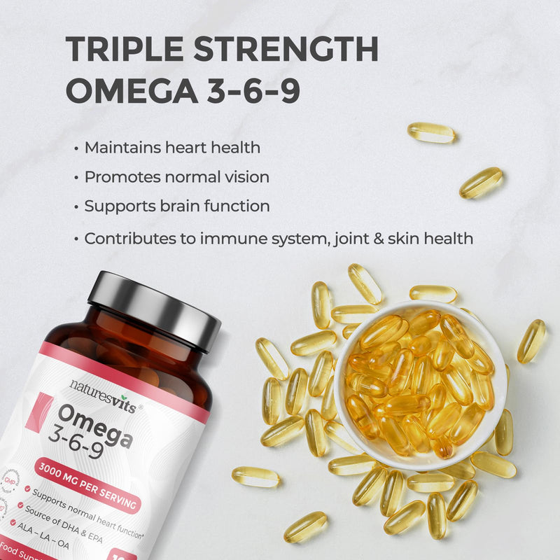 Omega 3, 6 and 9 High Strength Capsules, 3000mg - Fish and Flaxseed Oil Fatty Acid Nutritional Supplements for Women and Men - Natural Source of EPA and DHA - Easy Swallow Softgels