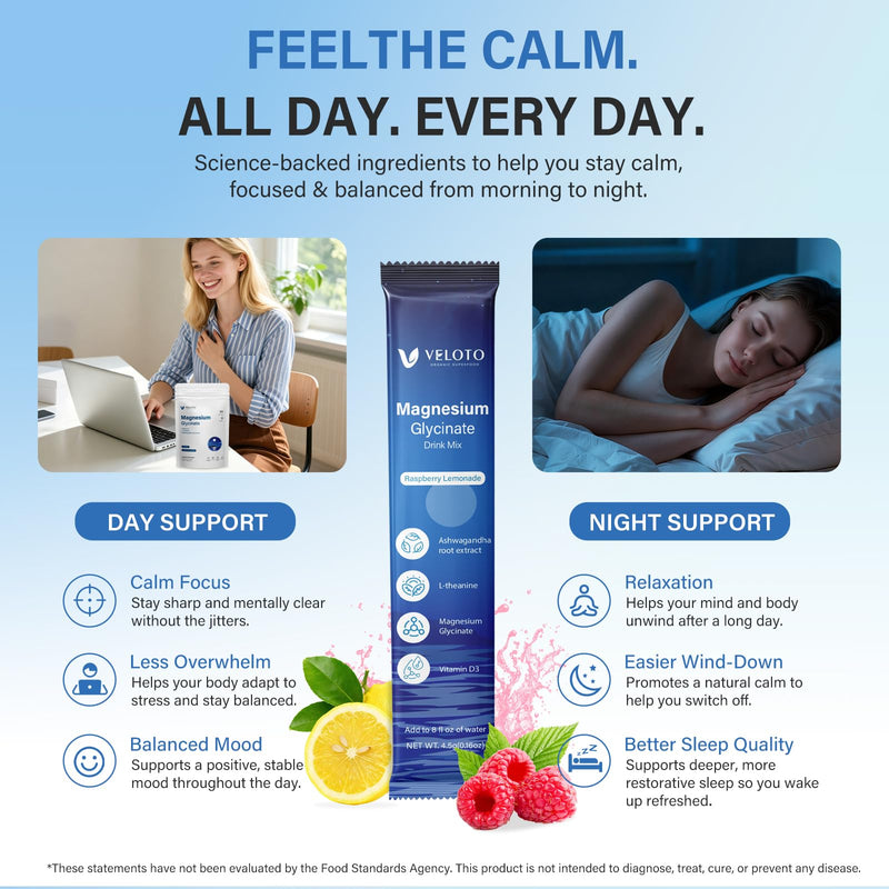 Cortisol Calm Drink Sachets, Magnesium Glycinate Powder with Ashwagandha, L-Theanine & Vitamin D3, Stress Relief, Sleep & Relaxation Support, Sugar-Free, Non-GMO, 30 Sticks, Raspberry Lemonade Flavour