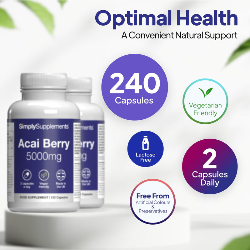 Acai Berry 5000mg Capsules | with Vitamin C | Supports Immune System & Collagen Formation | Freeze-Dried Extract | Vegan Friendly | 240 Capsules = 4-Month Supply | UK Made Unflavoured 1 count (Pack of 240)