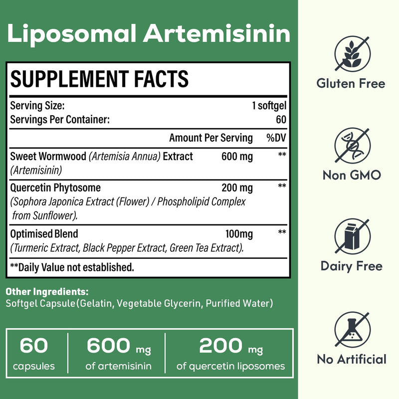 [Australia] - 600 mg Liposomal Artemisinin for Maximum Absorption, Sweet Wormwood Extract(Artemisia Annua) with Quercetin Phytosome 200 mg, 120 Softgels 60 Count (Pack of 2) 