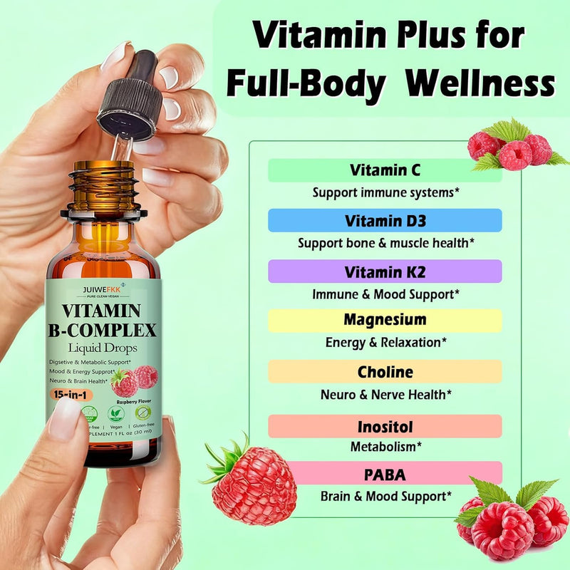 2 Pack Vitamin B Complex Liquid Drops for Women Men & Kids, 15-in-1 VIT B Complex with Vitamin C B12 B6 B1 Niacin Folate Magnesium for Brain Nerve Neuropathy Energy Mood, Sublingual B-Complex Drops Raspberry 1 Fl Oz (Pack of 2)