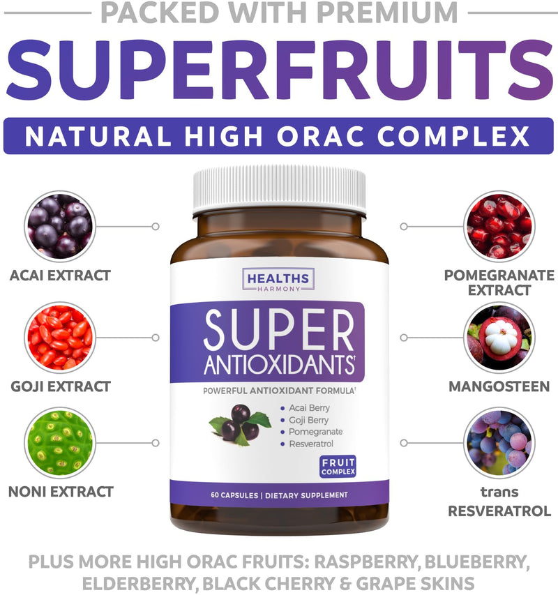 [Australia] - Super Antioxidants Supplement - Powerful Super Food Antioxidant Daily Blend - Acai Berry, Goji, Pomegranate & Trans Resveratrol - Herbal and Fruit Formula For Women and Men - Skin Care - 60 Capsules 60 Count (Pack of 1) 
