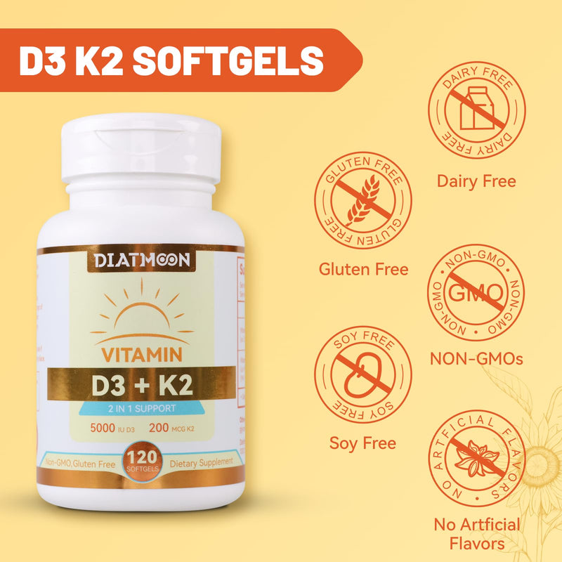 Vitamin D3 K2 Supplement Softgels, D3 5000 IU & K2 MK-7 200 mcg - 120 Count | Bone & Teeth Support, Easy to Swallow, Non-GMO, Gluten-Free 120 Count (Pack of 1)