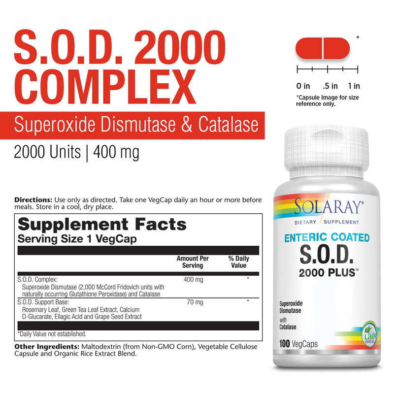 SOLARAY S.O.D. 2000 Plus, 100 VegCaps | Antioxidant & Cellular Wellness Support, SOD, Catalase & Herbal Blend, Enteric Coated, 100 Servings, Lab Verified
