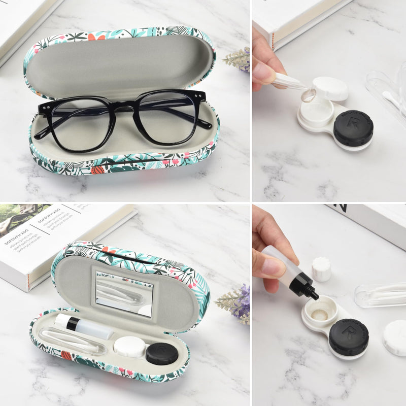 [Australia] - 2 in 1 Contact Lens and Glasses Case,Double Sided Dual Use Design with Mirror, Tweezer and Contact Lens Solution Bottle,Portable Soak Storage Kit for Travel,Office(White & Tropical Flowers) White & Tropical Flowers 