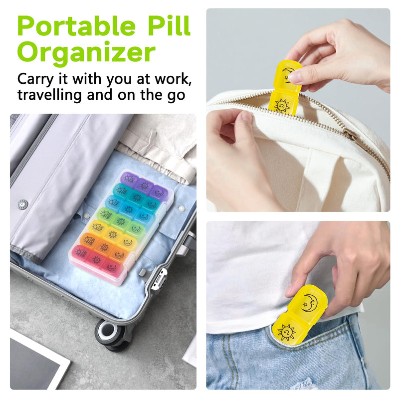 Large 7 Day Pill Organizer Weekly, Chrxbei Daily Medicine Container 3-Times-a-Day, Medication Holder for Vitamins, Fish Oils, Supplement, Deep Pills Planer for Elderly and Family - Morning Noon Night Rainbow 3 Times a Day