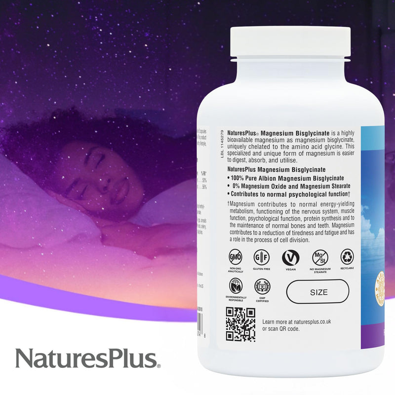 NaturesPlus Magnesium Glycinate Capsules - Gentle Magnesium Supplement, Active Bisglycinate Form - Sleep, Relaxation, Stress Support - Vegan, Gluten Free - 180 Capsules