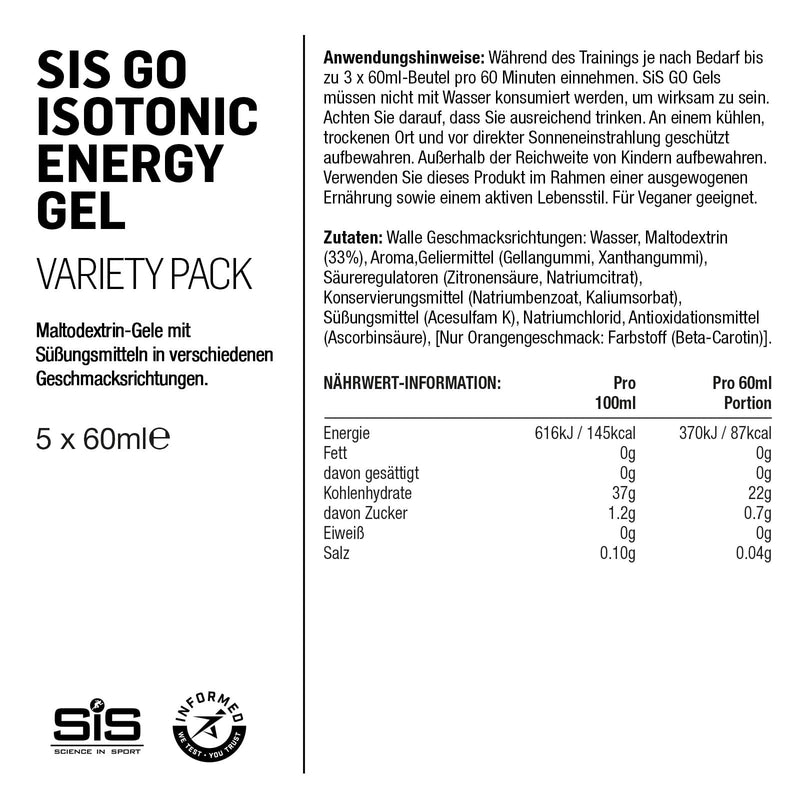 [Australia] - Science in Sport GO High Carb Isotonic Energy Gel 5 x 60ml, Vegan - Isotonic formulation with 22g carbohydrates, good energy supplier, optimal alternative for isotonic drinks, pack of 5 