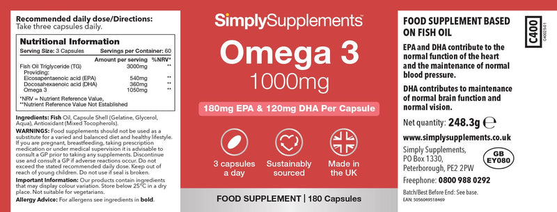 Pure Omega 3 1000mg Capsules | Supports Heart, Brain & Eye Health | Rich in Omega 3 Fatty Acids | 540mg of EPA and 360mg of DHA per Serving | 360 Capsules = 4 Months’ Supply | Made in The UK Unflavoured 2 count (pack of 180)