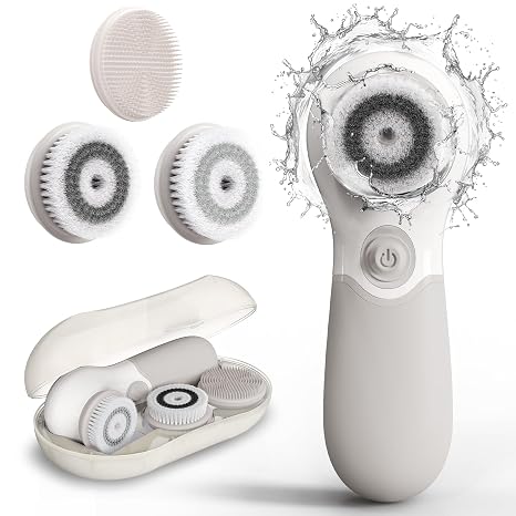 TOUCHBeauty Facial Cleansing Brush Electric, Face Cleansing Brush with Stand, 3 Brush Heads, 2 Speeds, IPX5 Waterproof, Battery-Powered, Suitable for All Skin Types, TB-0759D White