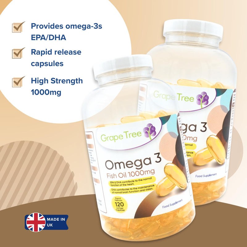 Grape Tree Omega 3 Fish Oil 1000mg 240 Softgels. 4 Month Supply. EPA & DHA Omega-3 Fatty Acids. Fish Oil Capsules Made in the UK. Gluten & Lactose Free 120 count (Pack of 1)