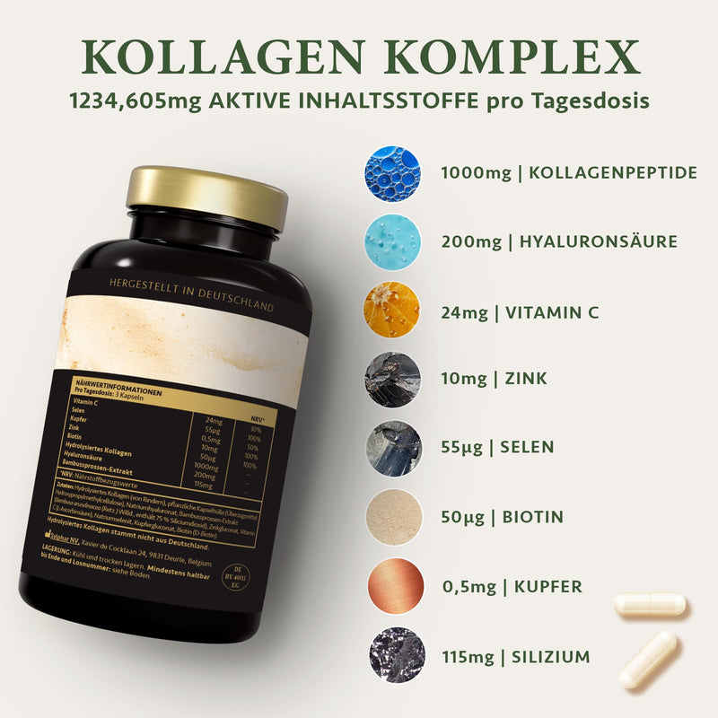 [Australia] - Hyaluronic collagen complex - 270 high-dose capsules - Enriched with biotin, selenium, zinc, vitamin C and bamboo extract for skin, hair and nails - Made in Germany - Satin Naturel 