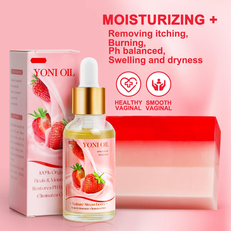 [Australia] - Feminine Wash & Yoni Oil & Yoni Soap Set for Women, Yoni Wash for Vaginal Ph Balance Remove Odor Moisturizing, 1 Fl.Oz Feminine Oil & 5.07 Fl.Oz Vaginal Wash 5.29OZ Yoni Soap Bar, Strawberry Scent 