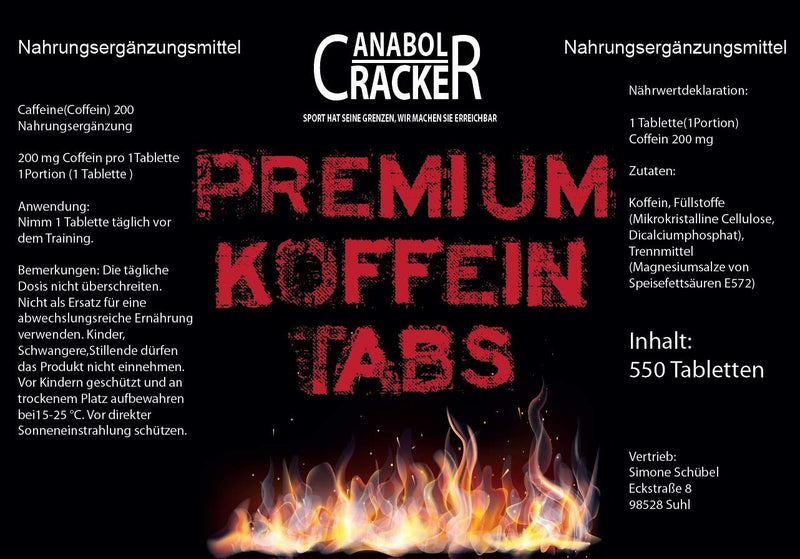 [Australia] - 550 tablets of premium caffeine tabs, caffeine/caffeine, 200 mg - high dose, caffeine energy, vegan, without gelatine 