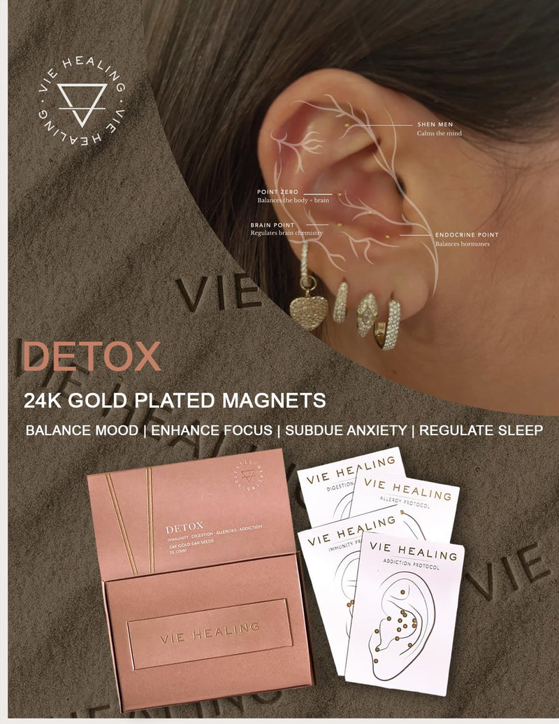 [Australia] - 24k Gold Ear Seeds with Ear Chart - Ear Seed Acupressure Kit for Reflexology and Energy Flow - Acupressure Ear Seeds for Immune System Booster, Allergies, & Digestive Health - (Detox) Detox 