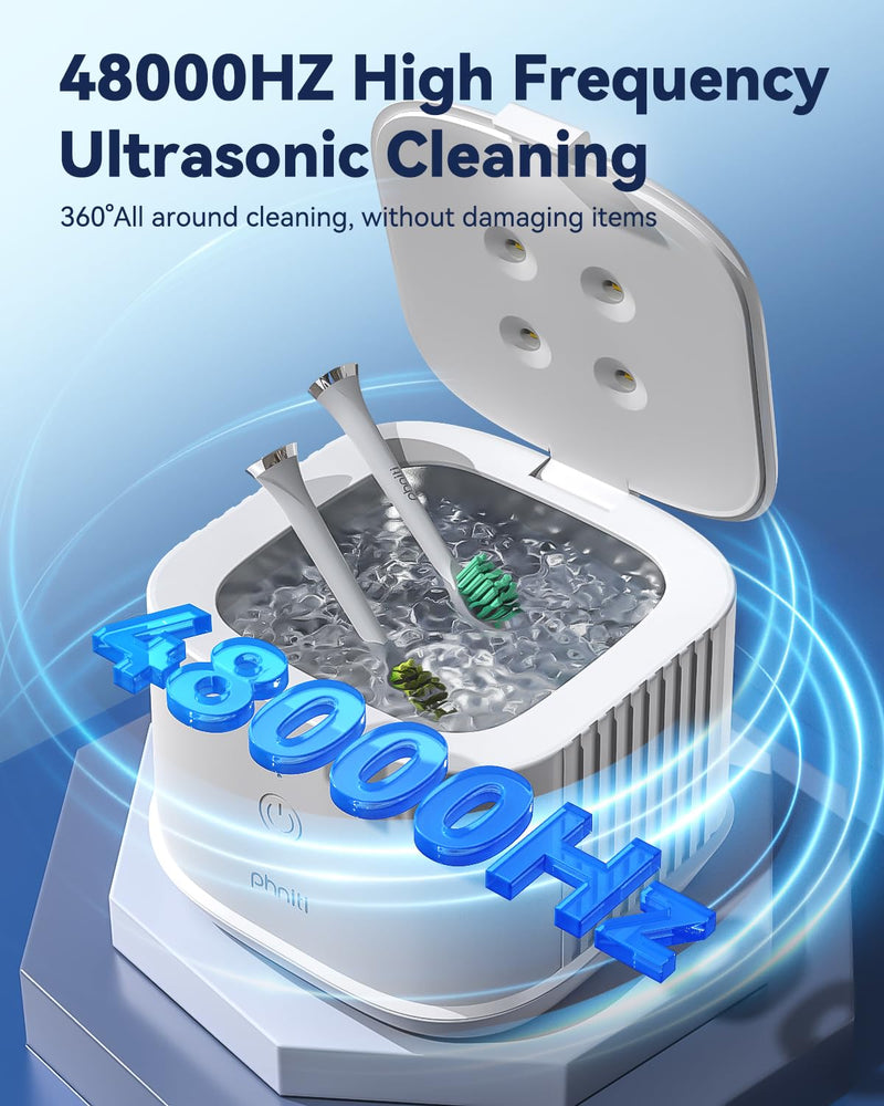 [Australia] - Ultrasonic Retainer Cleaner, Phniti 48kHz Professional Ultrasonic Cleaner Machine for Retainers, Jewelry, Dentures, Mouth Guard, Aligner, Toothbrush Heads, 13OZ Portable Dental Cleaning-White 350ml 