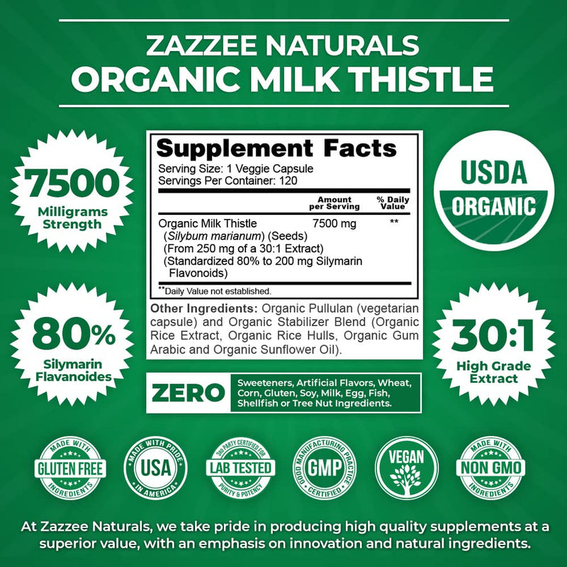 [Australia] - Zazzee USDA Organic Milk Thistle 30:1 Extract, 7500 mg Strength, 120 Vegan Capsules, 80% Silymarin Flavonoids, Standardized and Concentrated 30X Extract, 100% Vegetarian, All-Natural and Non-GMO 