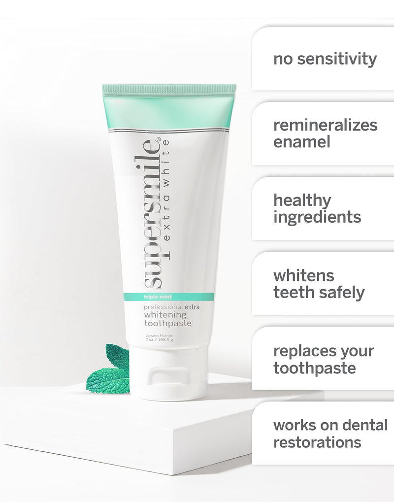 Supersmile Extra White Triple Mint Whitening Toothpaste – Professional Formula for Visibly Whiter Teeth – Whitens Up to 9 Shades, 7 oz