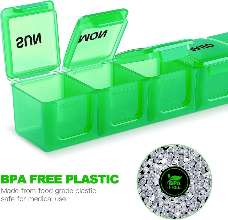 Pill Organizer 7-Day Weekly Pill Organizer | Portable Medicine, Daily Pill Cases for Pills/Vitamin/Fish Oil/Supplements 15cm-green
