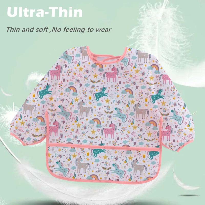 [Australia] - 3 Pcs Waterproof Long Sleeves Baby Bibs Weaning Smock Bib 3-24 Months Owl/Unicorn/Flamingo 
