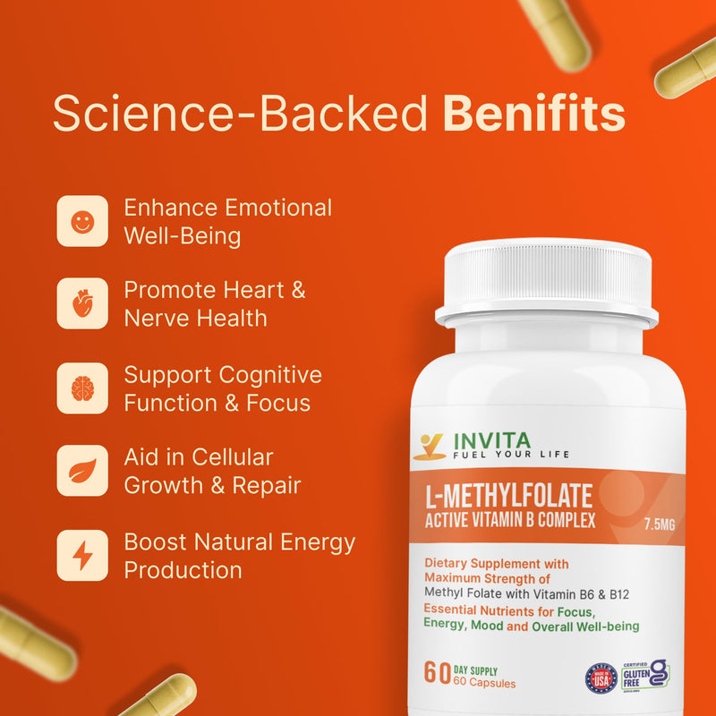 INVITA, L-Methylfolate 7.5mg + Active Vitamin B Complex – 60 Capsules - 5-MTHF Supplement with Vitamin B6 & B12 Methylcobalamin for Mood, Energy and Heart – Non-GMO, Gluten Free, 2-Month Supply