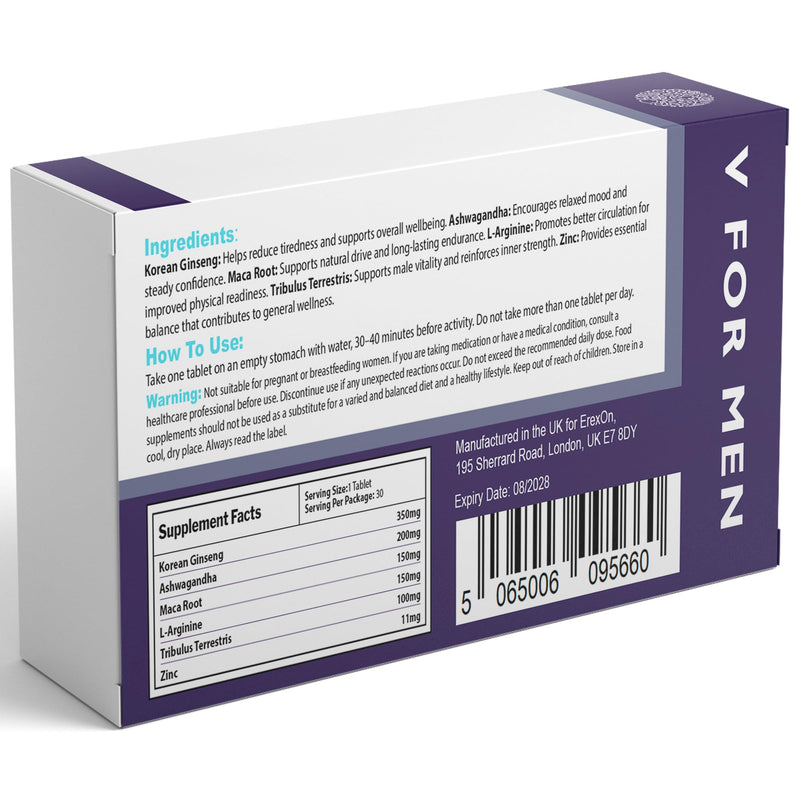ErexOn V for Men - 30 Blue Tablets - Herbal Supplement for Men - Strong Effect - Mens Health Support Tablets - Performance & Enhancement - Maca, Glycine, Korean Ginseng and Zinc