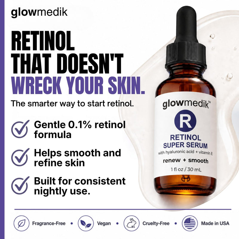 Glowmedik Retinol Booster Serum For Face with Hyaluronic Acid, Vitamin E & Aloe, Facial Skin Care, Fragrance Free – 30ml