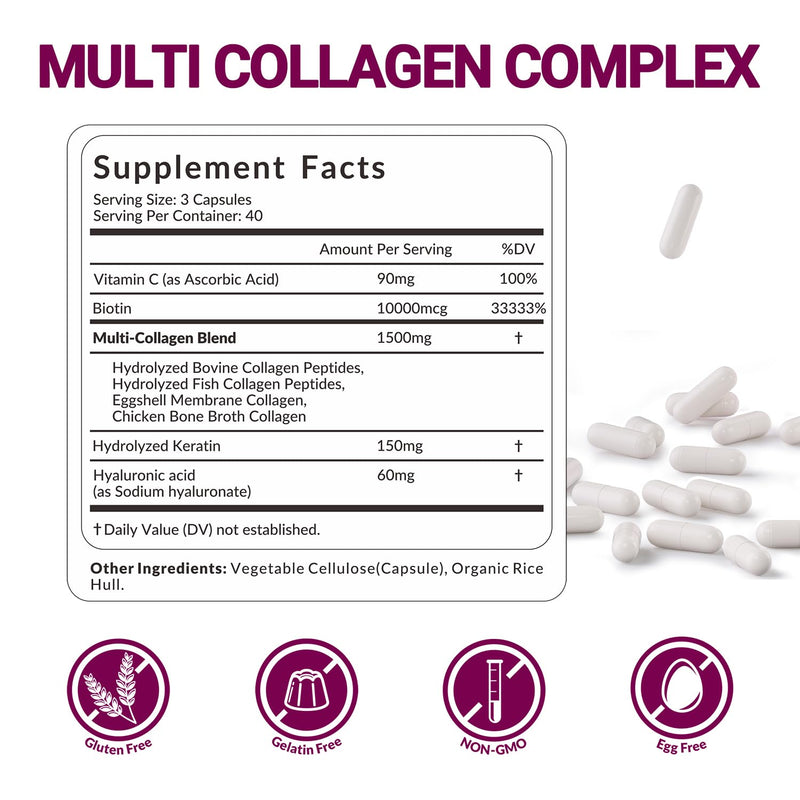 WEEVIT Collagen Peptides for Women, 1500mg Hydrolyzed Collagen Capsules | Type I, II, III, V, X with Biotin, Hyaluronic Acid, Keratin, Vitamin C