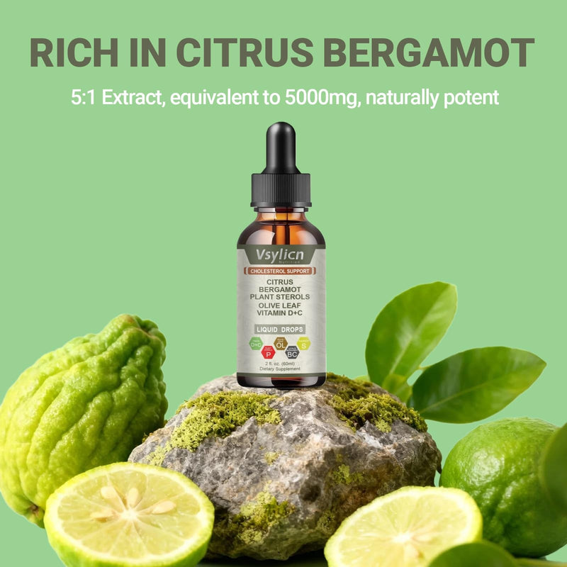 Citrus Bergamot Liquid Drops 60ml Vegan - Lower Cholesterol Levels - Cholesterol Complex Supplement 3000mg Equivalent Formula with Black Pepper & Olive Leaf - High Absorption Heart Health Supplement