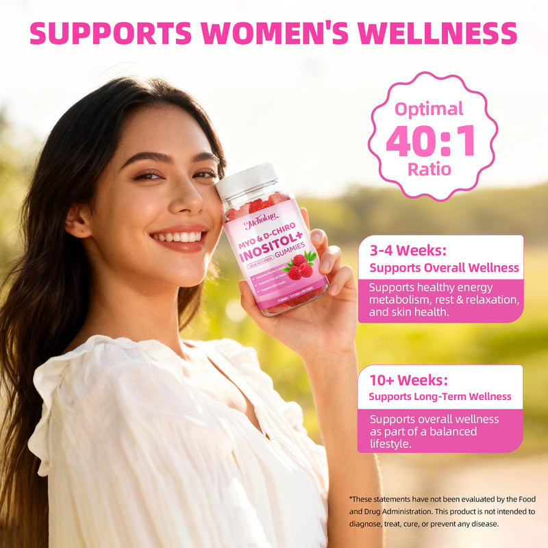 Myo-Inositol & D-Chiro Inositol Gummies, Ideal 40:1 Ratio Supplement for Women with Vitamin D3 & B12 for Support Hormonal Balance & Wellness, Sugar Free, Raspberry, 120 Count 60 Count (Pack of 2)