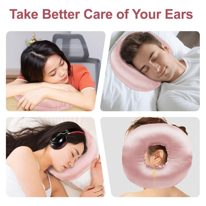 Piercing Pillow for Side Sleepers with an Ear Hole, Donut Pillow for Ear Pain CNH | Pain Relief Sleeping | Pressure Sore | Satin Washable and Adjustable Ear Protector (Coral) Coral