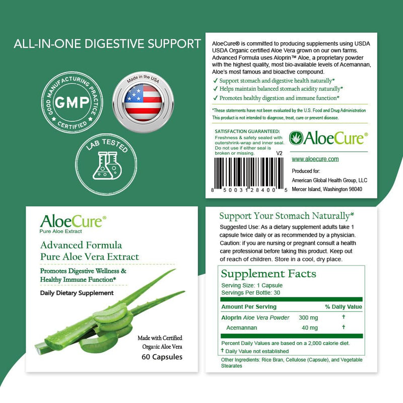 [Australia] - AloeCure Organic Aloe Vera Capsules, 130,000mg Inner Aloe Leaf Equivelant per Serving, Support Gut Health & Digestive Comfort, Stomach Acid Buffer, Natural Immune Supplement, Aloin Free, 30 Capsules 1 Bottle (30 Capsules) 