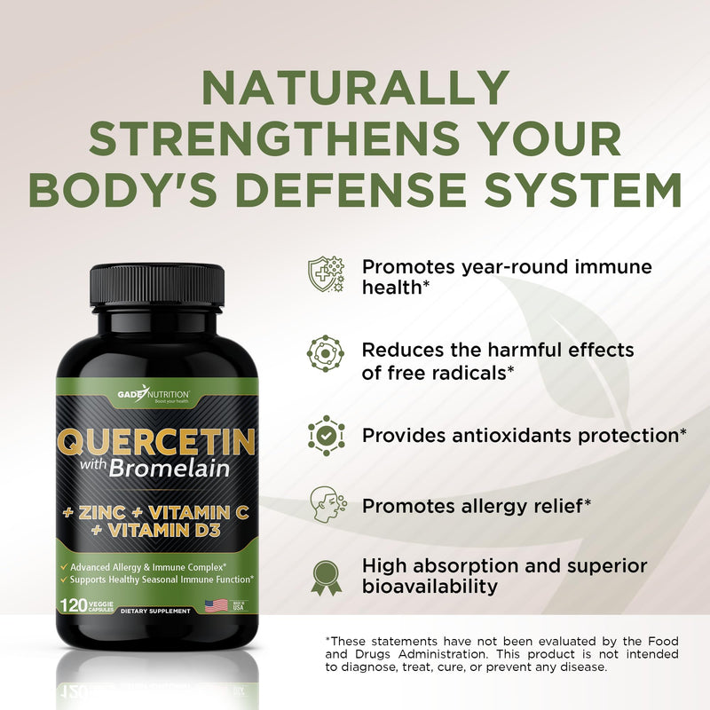 [Australia] - Quercetin with Vitamin C and Zinc - Quercetin 500mg - Quercetin with Bromelain - Zinc Quercetin - 120 Veggie Caps. Quercetin Supplements + Vitamin D3 (Non-GMO, Gluten-Free, Vegan) 2 Month Supply 120 Count (Pack of 1) 