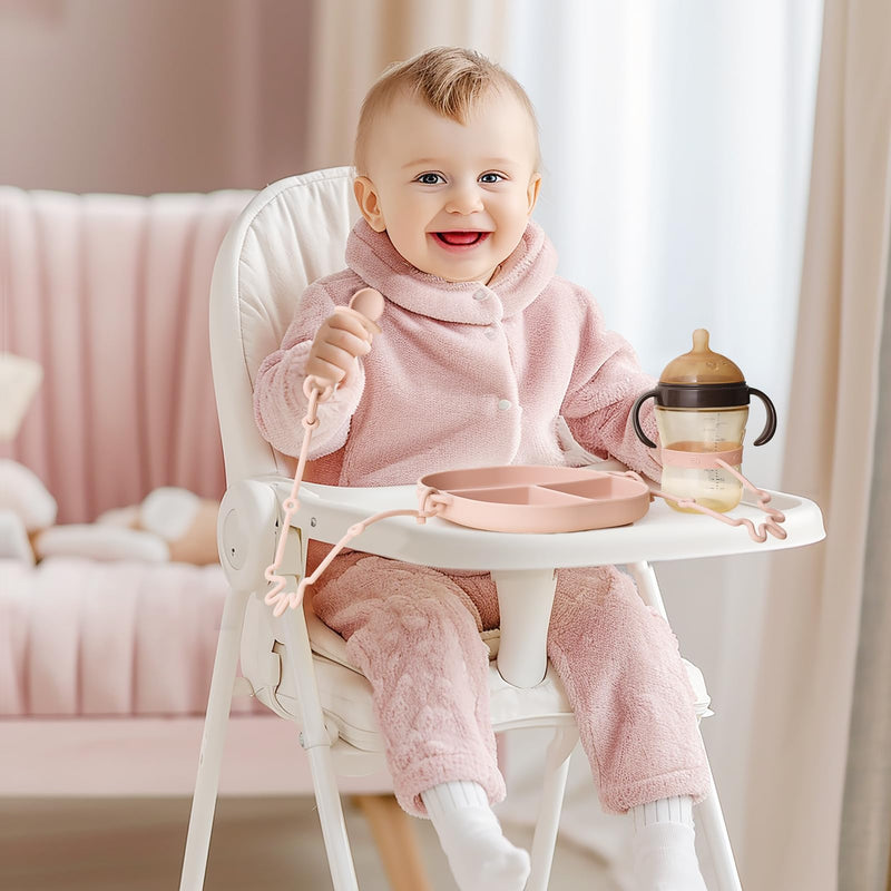 [Australia] - Silicone Plates for Babies with Suction Divided Baby Spoons Silicone Baby Toy Straps All-in-one Plates Silicone Placemat for Babies Toddlers Attachable Tethers & Built-in Suction Cups-Blush Blush 